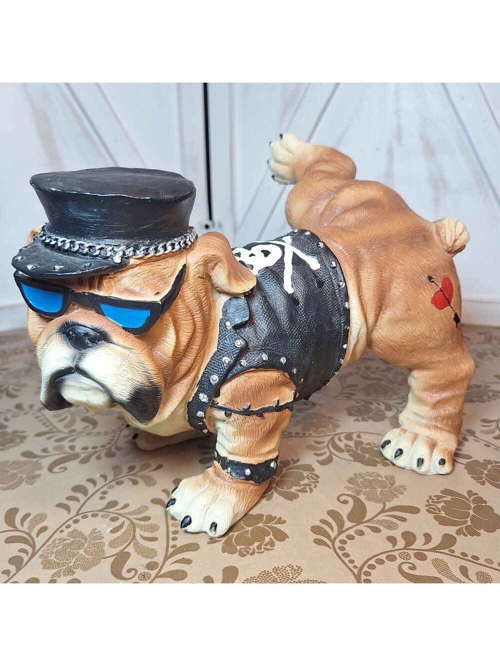 Bulldog Biker Garden Statue Figurine Peeing Dog Resin 7.5"H X 5.5"W X 9.5"L